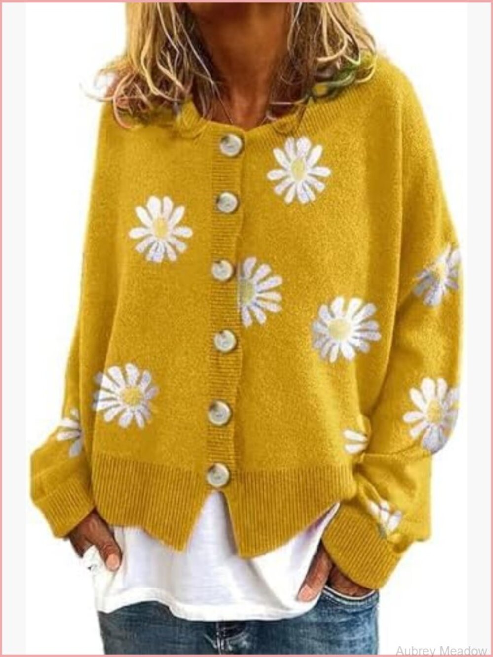 Oversized Cropped Cardigan Sweater with Floral Print Cable Knit